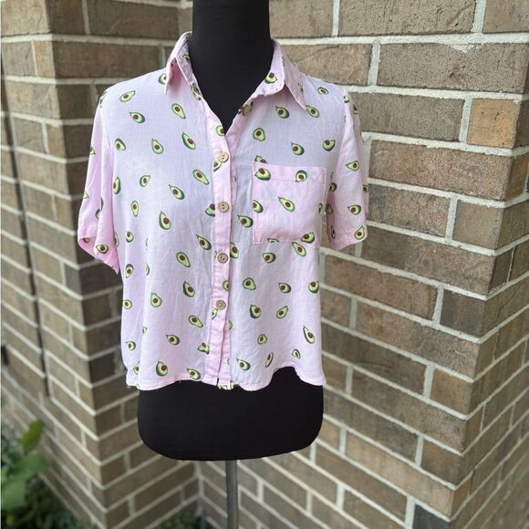 Anthropologie Love Notes Whimsical Pink Avocado Print Blouse - Picture 1 of 4